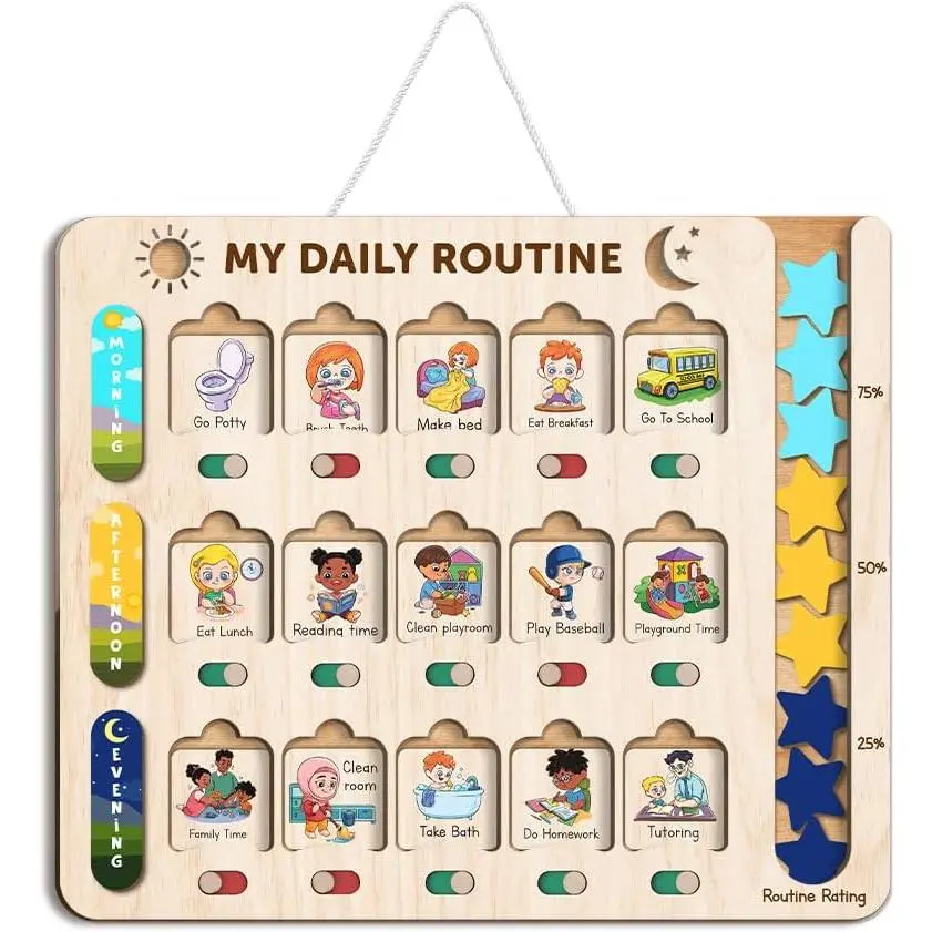 Wooden Daily Routine Chart (11x13 in) - Office/School Educational Supply with Visual Icons, Sliding Cards, Morning Afternoon Evening Schedule Board for Learning