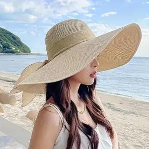 1pc Summer Outdoor Straw Hat for Women, Large Brim Beach Hat, Versatile Hat for Beach Outings, Fresh And Light Hat, Super Large Brim Beach Hat, Vacation Foldable Ribbon Bow Hat for Women, Foldable Outdoor Beach Hat for Women
