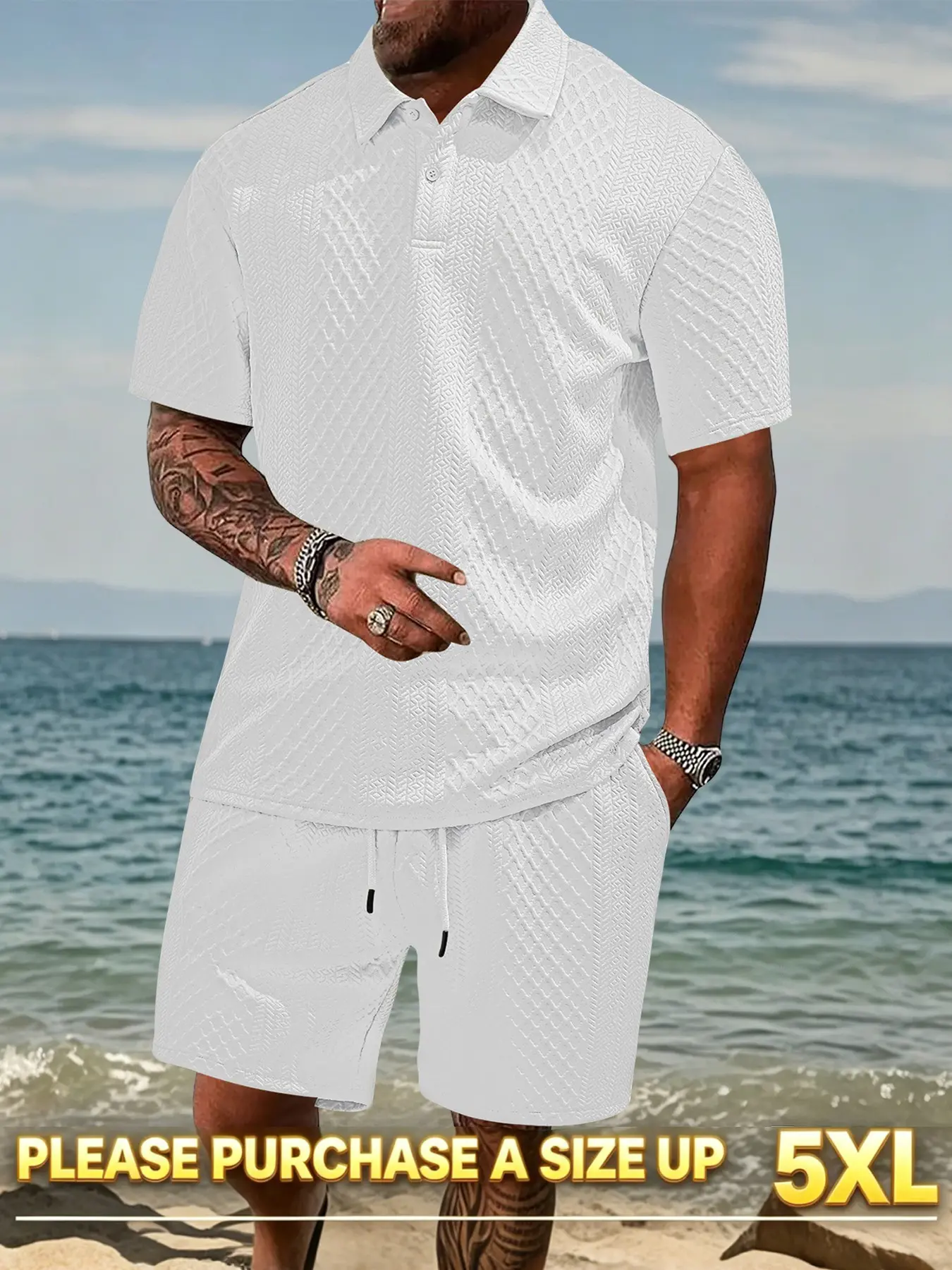 New Men's Two-Piece Set, Matching Plain Casual Polo Shirt with Drawstring Waist Shorts, Short Sleeve Collared Top and Pocket Sports Pants, Summer