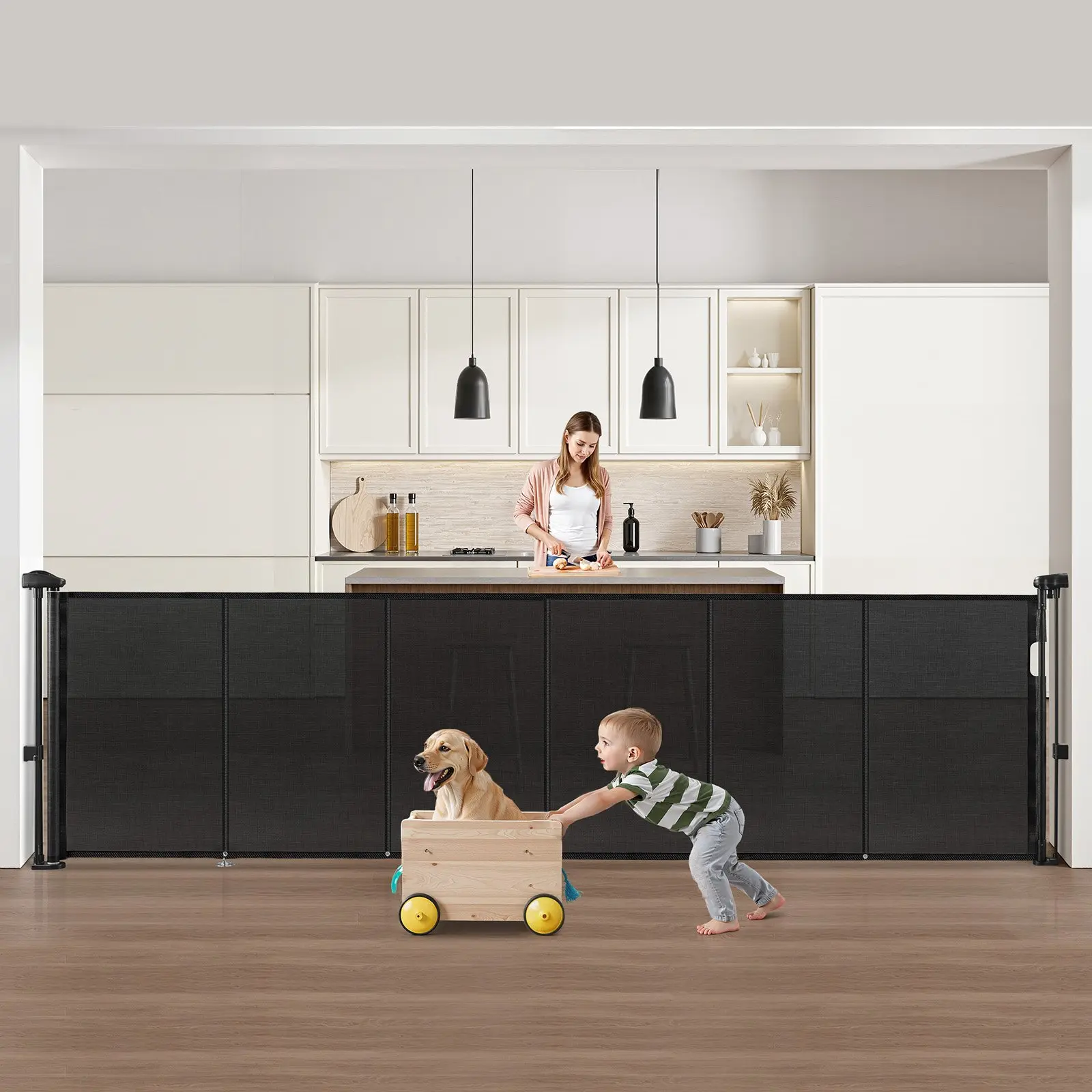VEVOR Adjustable Mesh Retractable Baby Gate - 34 in Tall, Extends up to 110 in Wide, Prop 65 Safe, No Tools Easy Installation, for Kids, Indoor Stairs/Doorways, Black, Playrooms