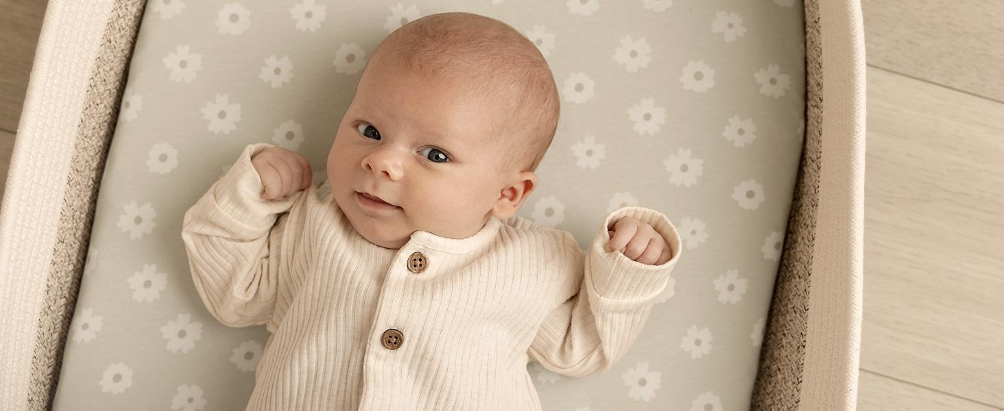 2-Pack Organic Bassinet Sheets for Girls, Boys - 100% Cotton Bassinet Mattress Sheets Compatible with Halo Bassinest Swivel Sleeper, Graco, Baby Delight, Chicco, Unisex Fitted Bassinet Sheets (Pecan)