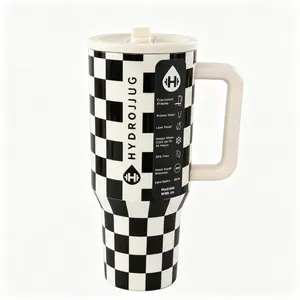 HydroJug 40oz Insulated Stainless Steel Tumbler Classic Black White Checkerboard Print Off-White Handle Lid & Straw 18/8 Food Grade Steel Leak Proof Twist Lid Keeps Cold 24 Hours Cup Holder Friendly Non-Slip Rubber Base BPA Free Large Hydration Mug For Gy