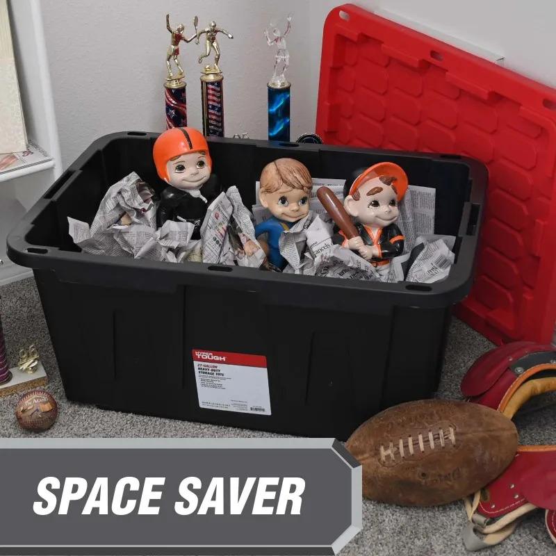 (6 pack) Hyper Tough Large Storage Bin, 27 Gallon Plastic Storage Container with Snap-On Lid, Black and Red