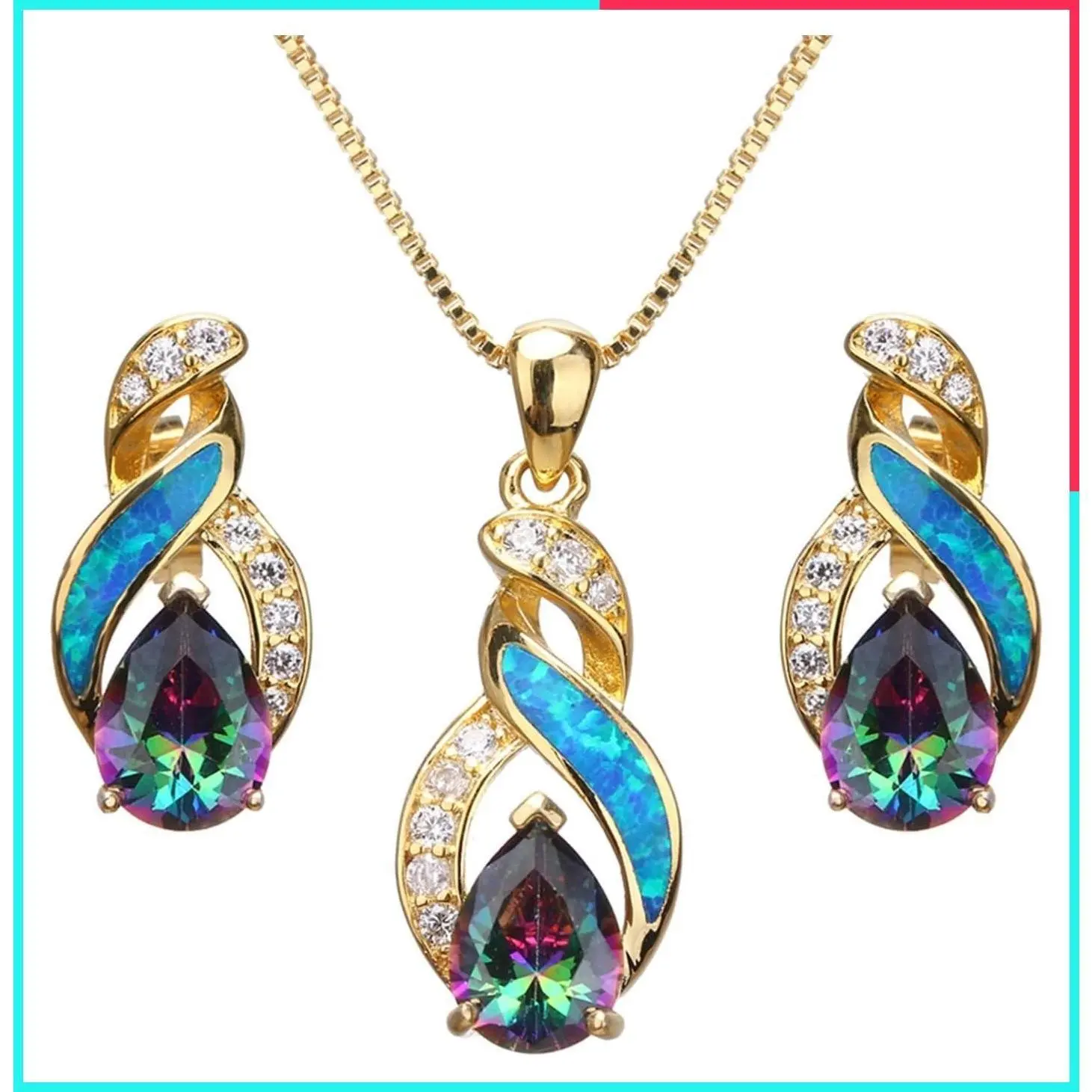 Australian Created Opal Necklace & Earrings Jewelry Set - Perfect Gift for Mom