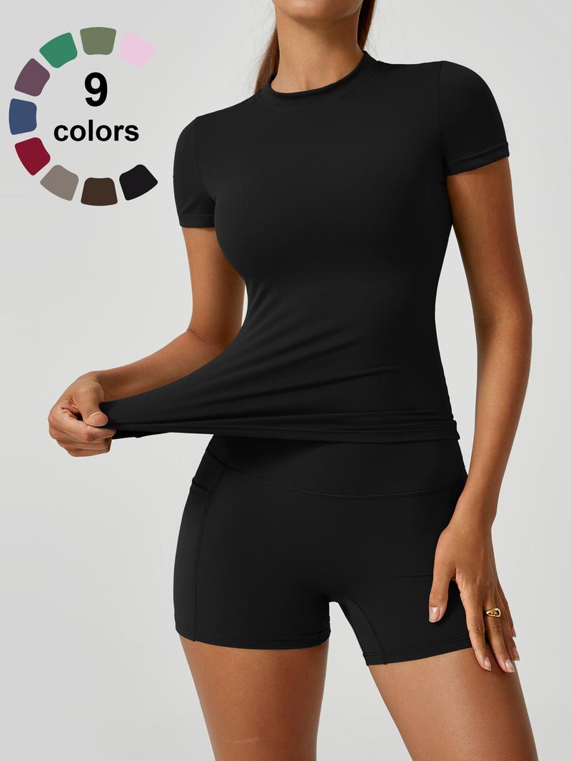 Women's Solid Tee & High Waist Shorts Sportswear Set, Casual Sporty Short Sleeve T-Shirt & Skinny Shorts, Ladies Summer Sportswear for Gym Workout Running, Breathable Activewear, Sporty Breathable Outfits