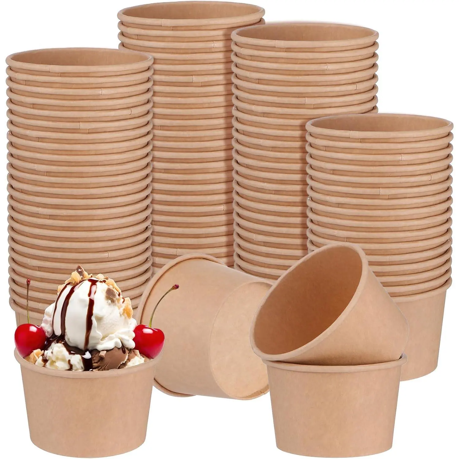100 count Ice Cream Cups Paper Disposable Sundae Bowls brown Paper Hot Cold Soup Snack Yogurt Dessert Small Cups for Ice Cream  Shower Party Supplies, Brown (8 oz)