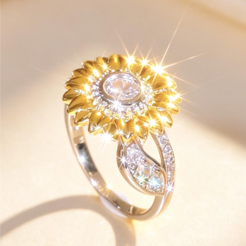 Sunflower Charm Promise Ring - 2-Tone Gold-Silver Twisted Vine Band with Round Stone, Gold Aesthetic Bling Effect Glamorous Hypoallergenic Anniversary Gift for Daily Wear