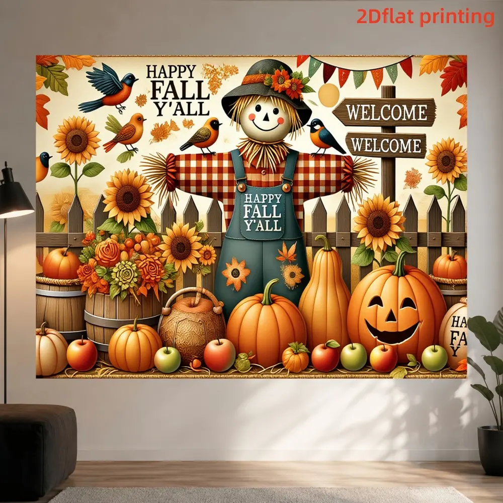 1PC 2D Scarecrow Autumn Background Cloth Plaid Pumpkin Sunflower Harvest Autumn Pattern Polyester Fiber Suitable for Autumn Harvest Thanksgiving Photography, Farm Party Setup, Festive Photo Backdrop, Harvest Theme Decoration