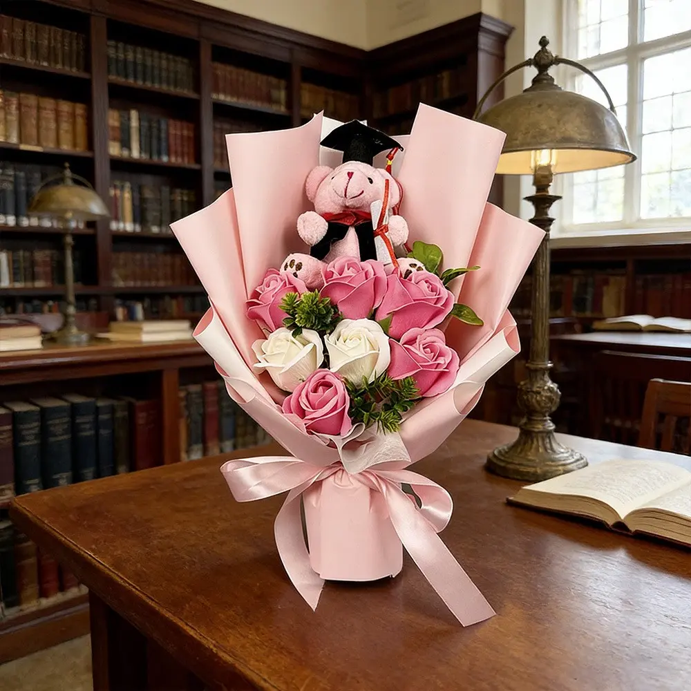 Soap Rose Flower Bouquet Gift with Teddy Bear, Purple Pink White Artificial Floral Arrangement, Handmade Romantic Keepsake Bouquet for Her, Girlfriend, Wife, Mom, Birthday and Anniversary