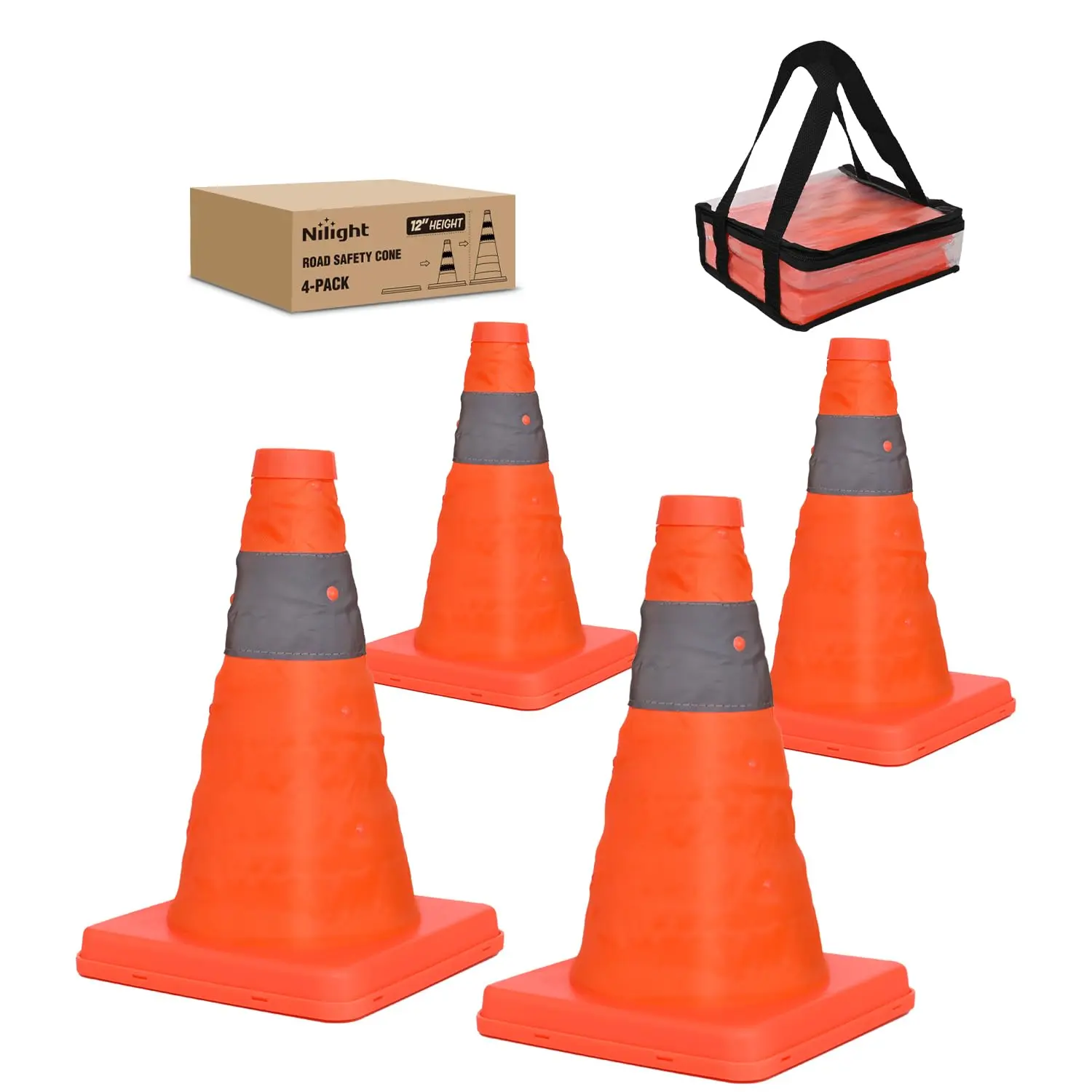 Nilight Traffic Cones (4-Pack) - 12" Height Waterproof Oxford Fabric Opened Outdoor Collapsible, 1.7 in High Bright Orange with Reflective Collars for Construction Zone Safety, All Seasons Work Safety Equipment, Storage Organization, Rv Camping
