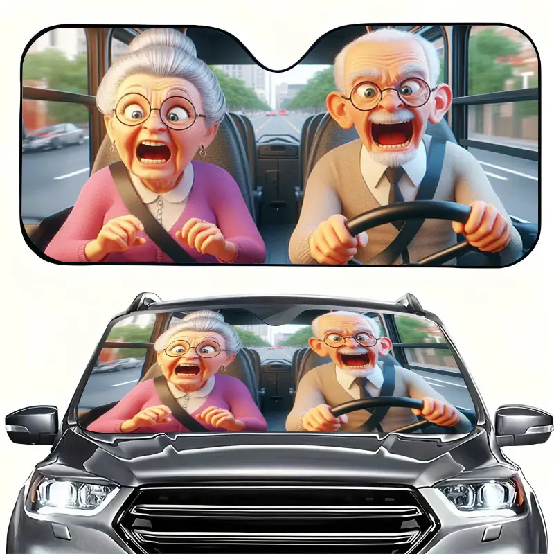 1pc Cartoon Elderly Couple Image Car Sun Visor, Can Be Folded and Stored, Effectively Protect the Sun to Keep the Car Cool, Using Suction Cups to Install Convenient and Fast, Suitable for Outdoor Camping Parking Scenes, Long-distance Self-driving