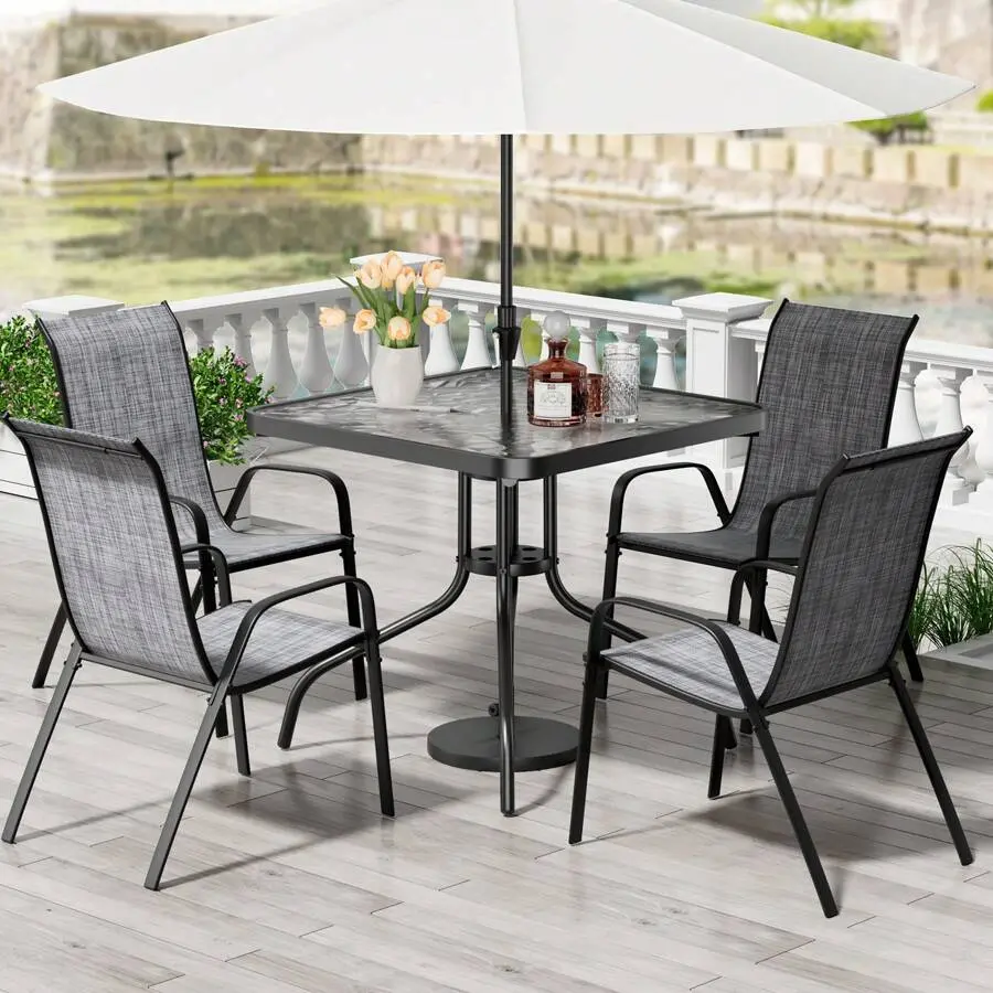 5-Piece Waterproof All-Weather Outdoor Square Dining Set - 30"x30" 5mm Metal Hydroglass Table, 4 Ergonomic Stackable Textilene 4-Seat Chairs (330lbs Table Capacity, 110lbs Chair Capacity), for Lawn, Garden, Poolside, Grey, Assembly Required