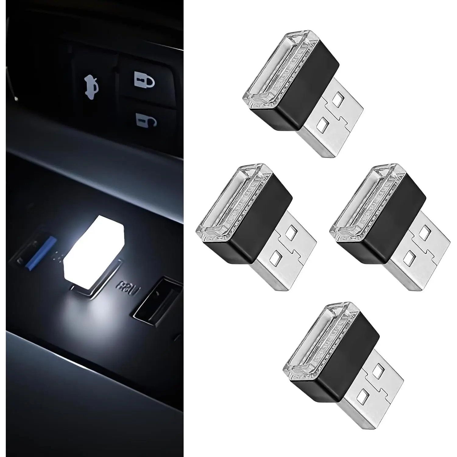 4 count USB LED  Interior Ambient Lighting Kit, Portable Plug-in Atmosphere Lamp Decor Night Light,   Interior Accessories for   (White)