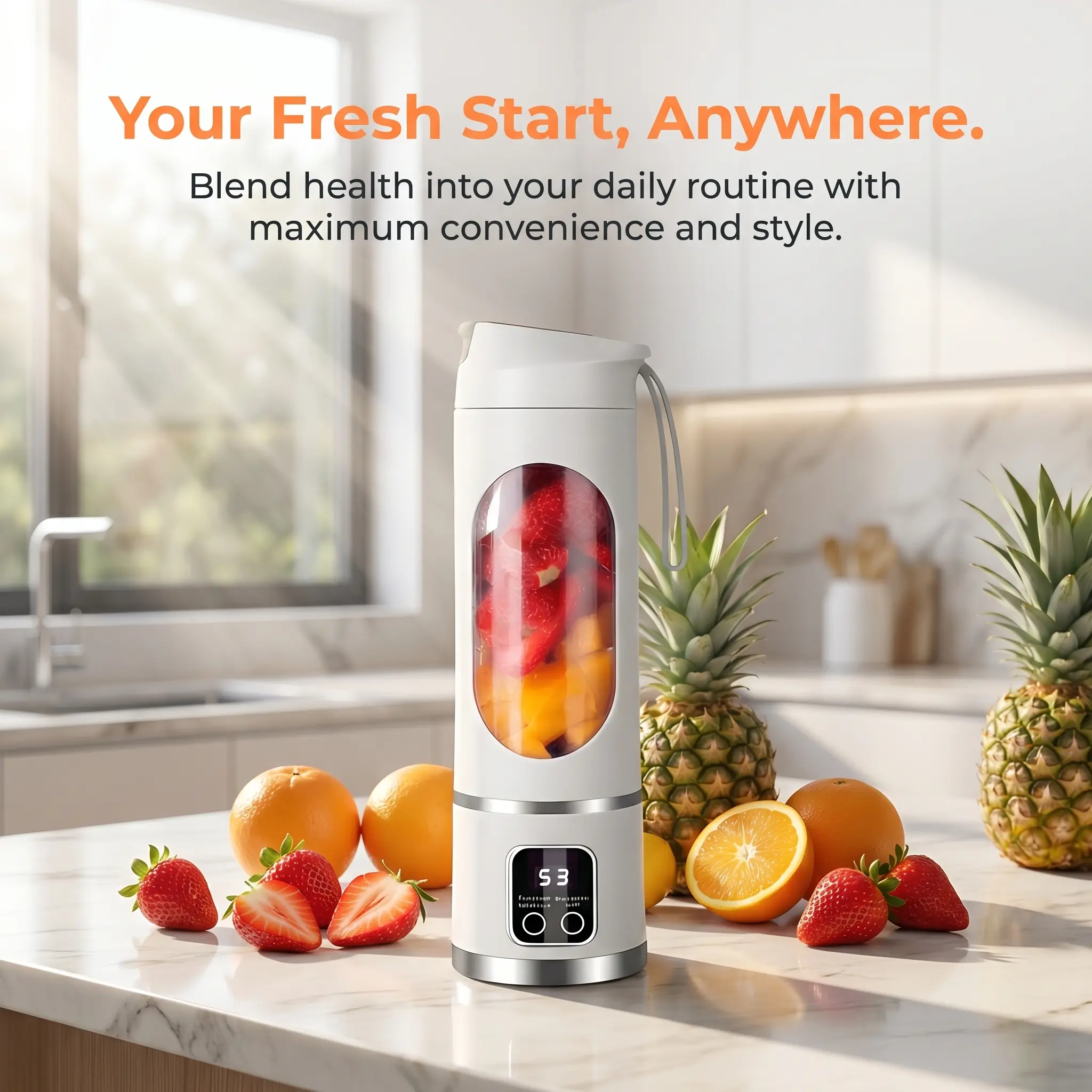 Compact Portable Blender with LED Display - 2-in-1 Mini Juicer Ice Crusher, USB Rechargeable, Plastic Body, Easy to Clean, for Fresh Juice Shakes Baby Food, Back to School Home Use Household Appliance