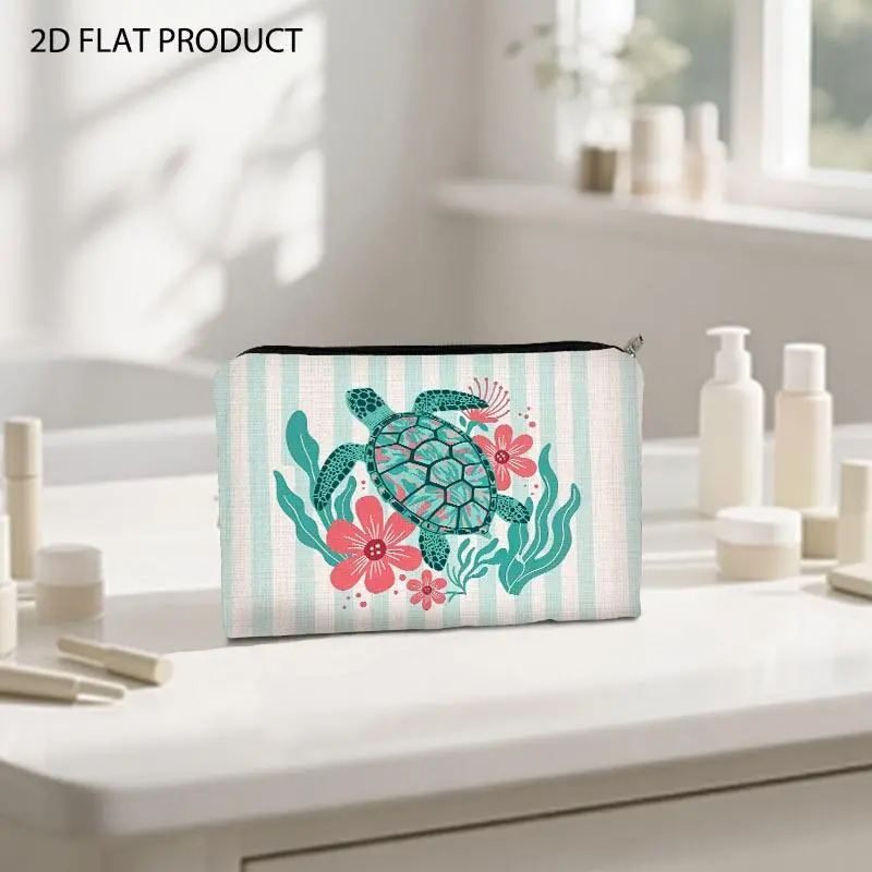 Whimsical Sea Turtle Print Makeup Bag, Double-Sided Vibrant Design with Teal Seaweed & Pink Floral Details, 5.9*8.66inch Portable Cosmetic Pouch, Ideal for Storing Beauty Essentials for Travel & Daily Use