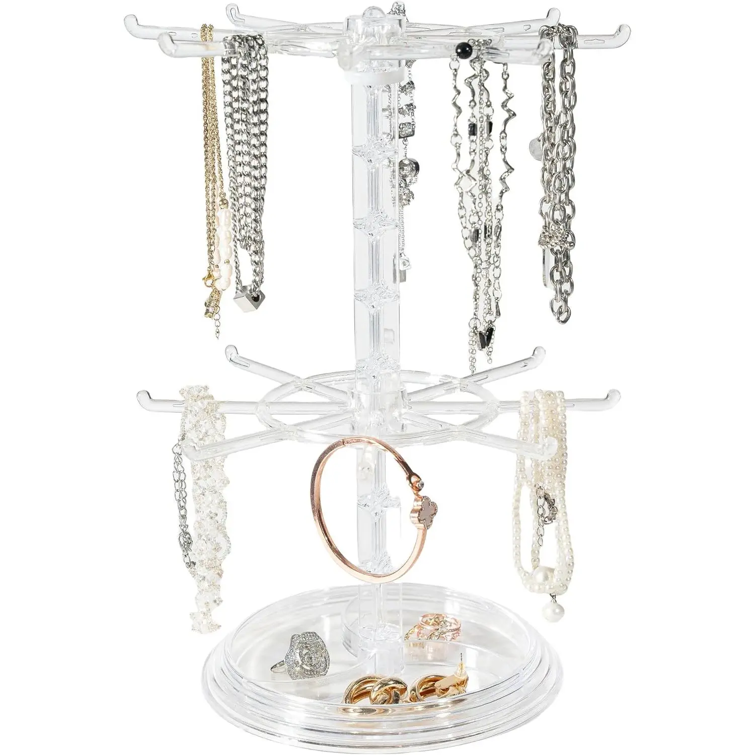 2 Tier Rotating  Display Stand, Necklace Holder,  Tree Stand, DIY Organizer for Bracelets, Necklaces, Earrings, Rings, Watches (transparent color)
