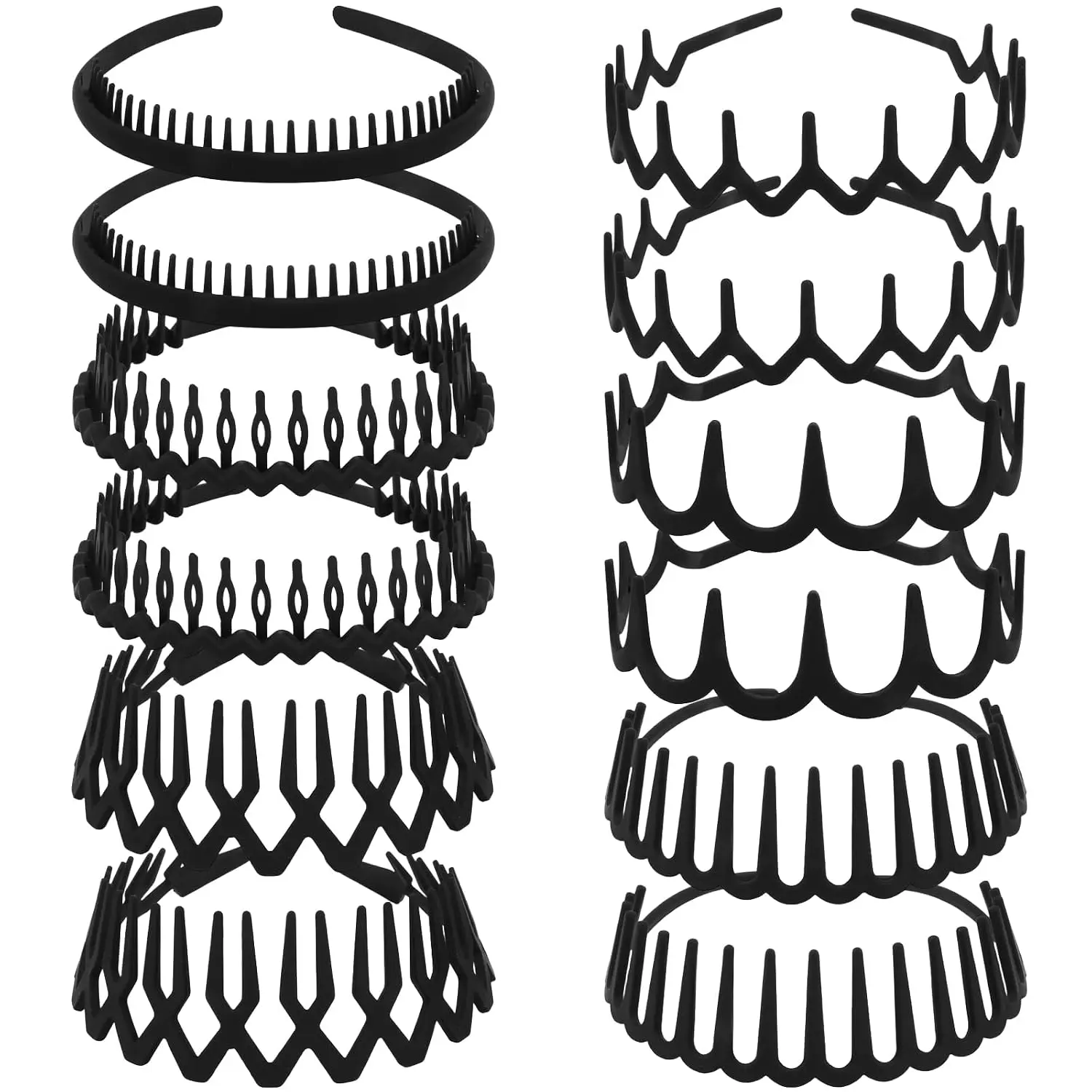 12 count Black Zigzag Headbands with  for Women's Hair Non Slip, Plastic Wavy Skinny  Bands Comb Fashion Hair Accessories–6 Styles, Versatile Use