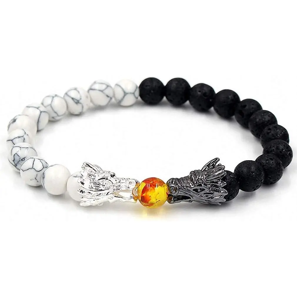 Bead Bracelets for Men and Women  Black Lava White Howlite Buddha Dragon Beaded Stone Bracelet  Luck Charm   Adjustable