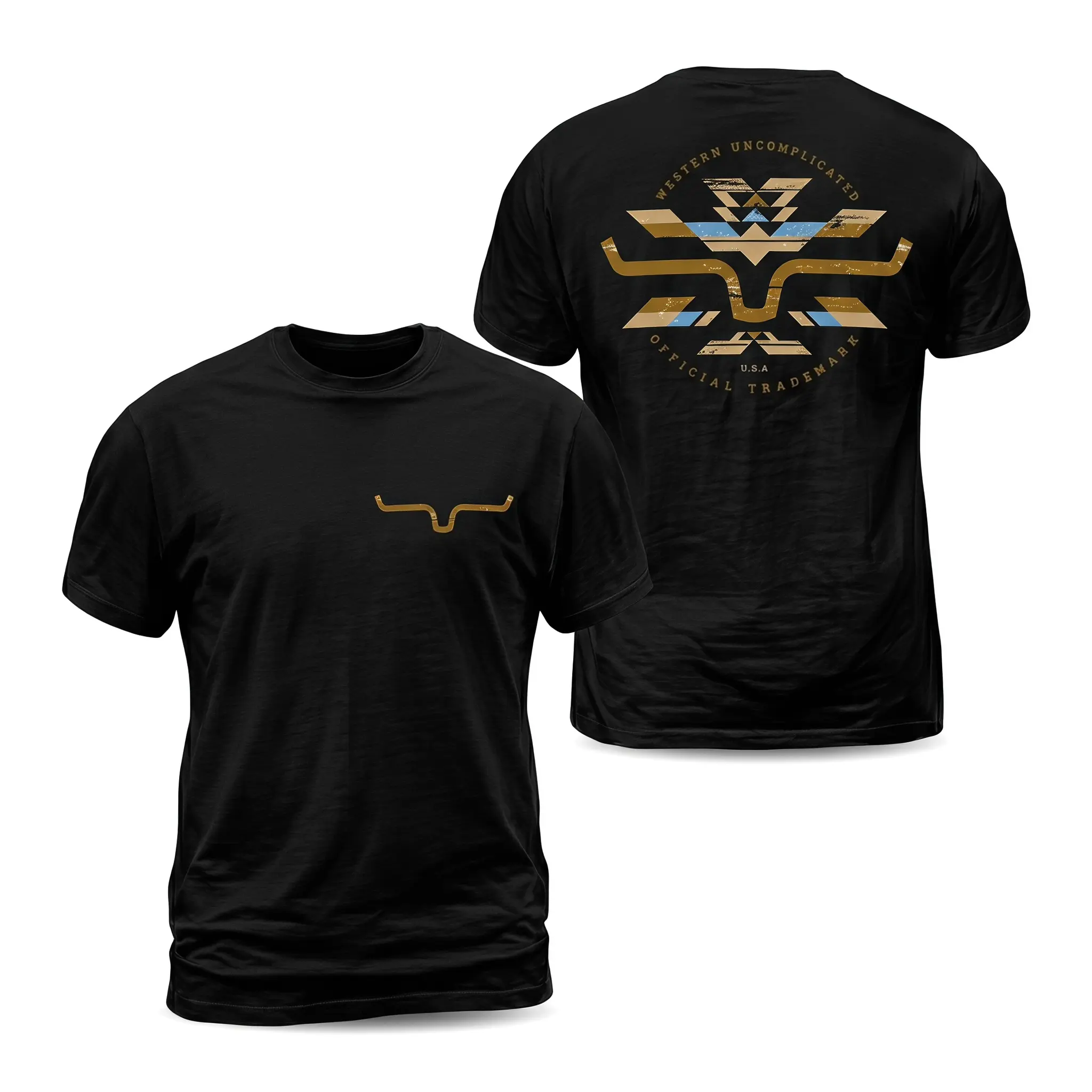 Kimes Ranch Horn Logo Aztec T-Shirt, Western Ranch Graphic Tee, Distressed Tribal Back Print With Front Chest Horn Emblem, Cowboy Casual Outfit, Soft Cotton Tee Gift For Men and Women