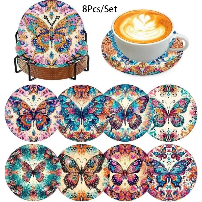 Butterfly Pattern Diamond Embroidery Coaster Set, Diamond Painting Coasters, Diamond Art Coasters, Glittering Rhinestone Heat Resistant Drink Mats with Stand, DIY Craft Supplies