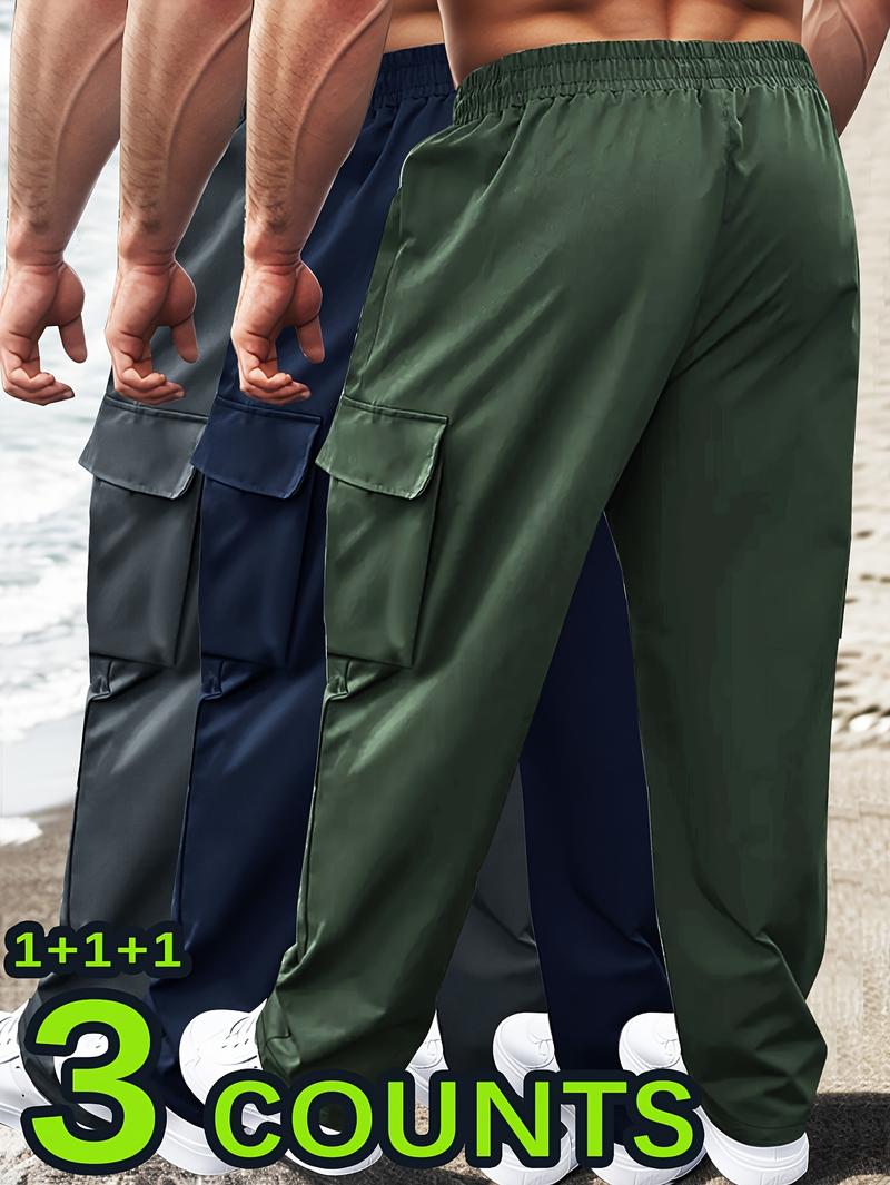 3pcs Men'S Casual Sports Cargo Pants - Drawstring Waist, Men's Sweatpants, Print Zip Pockets, Multiple Pockets, Lightweight for Spring & Summer, Ideal for Outdoor Running & Training, Casual Wear Pants | Cargo Style Pants | Lightweight Fabric