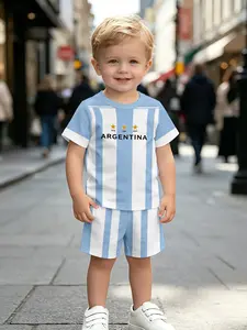 Kids Argentina Championship Print Sports Set, Blue Stripes Quick-Dry Two-Piece, Fashion Outdoor Wear, Birthday Gift, Holiday Gift