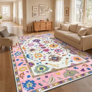Local Delivery 5'x7' Soft  Plush Pink Border Colorful Floral Dot Boho For Living Room Bedroom Nursery Farmhouse Runner Rug