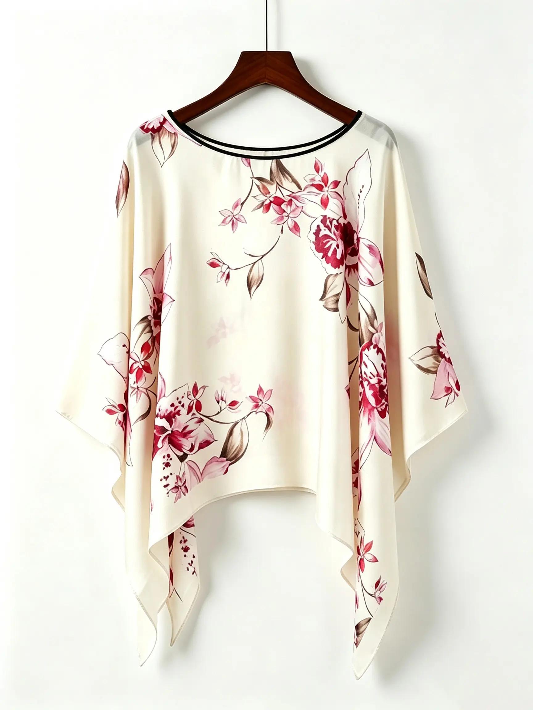 Women's Floral Print Satin Cape Top, Chic Elegant Trim Boat Neck Asymmetrical Hem Silk-Like Shawl Shirt, Lightweight Loose Batwing Sleeve Daily Vacation Outerwear, Elegance