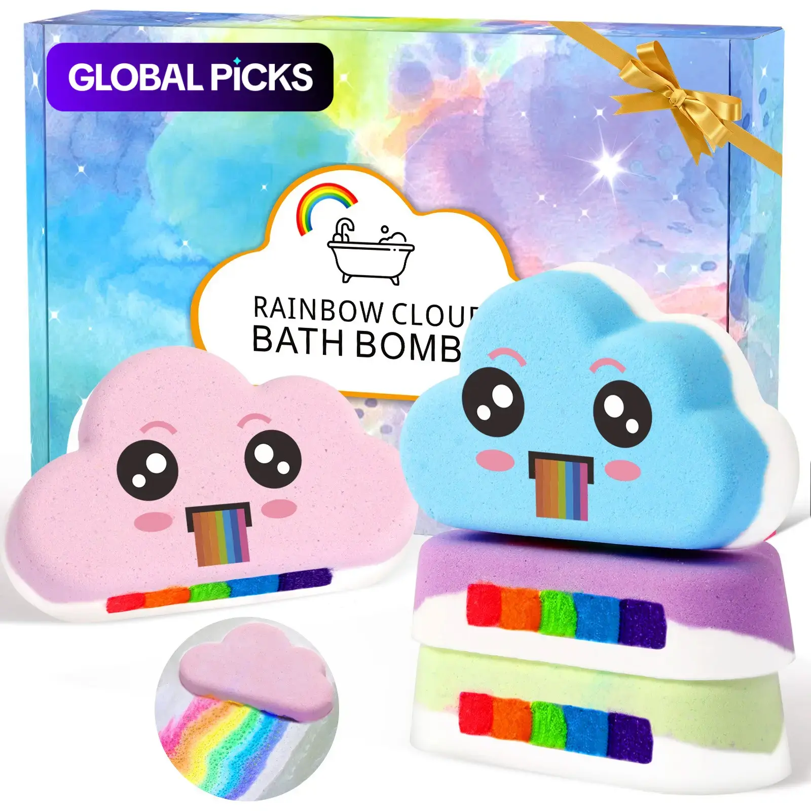 Vremou Rainbow Cloud Bath Bombs 4-Pack, Plant Essential Oil Scented Body Bath Salt Bubble Balls, Surprise Gift for Boys and Girls, Body Care, Shower Body Care #GLOBAL PICKS