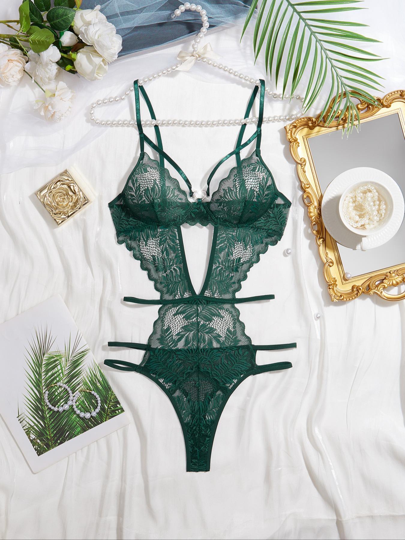 Women's Solid Cut Out Sheer Lace Lingerie Bodysuit, Soft Supportive Lingerie, Fashion Comfy Sexy Breathable Push Up Bodysuit for Daily Wear, Women Sexy Lingeries for All Seasons, Lingerie Lace Nightwear, Underwear