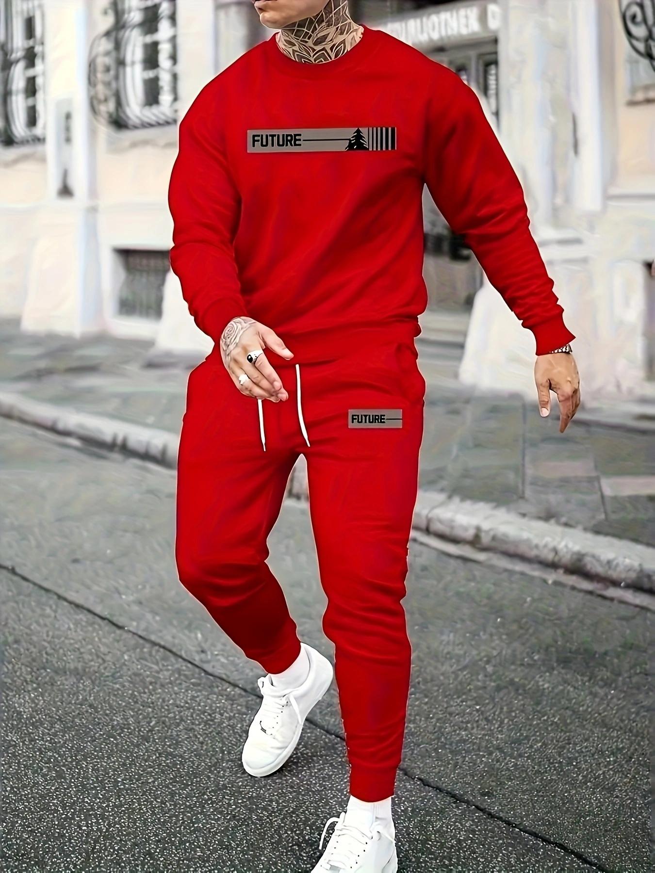 Men's Sports Set - Round neck Long sleeved Top with Strap up Running Pants, Polyester Knitted Fabric, Regular Style Sportswear, Printed Details, Autumn 2-piece Set.