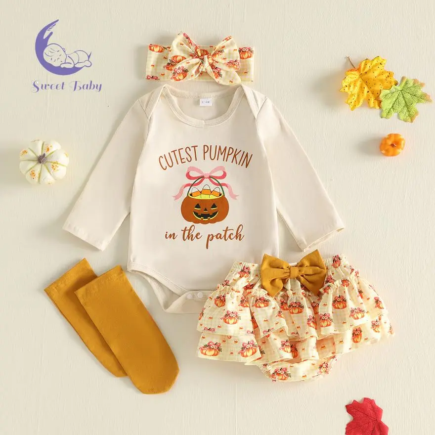 Infant Girl's Halloween Cotton Blend Gift Set - Long Sleeve Romper, Plaid Pattern Skort, Pumpkin Print Headband, Safe Materials Stockings