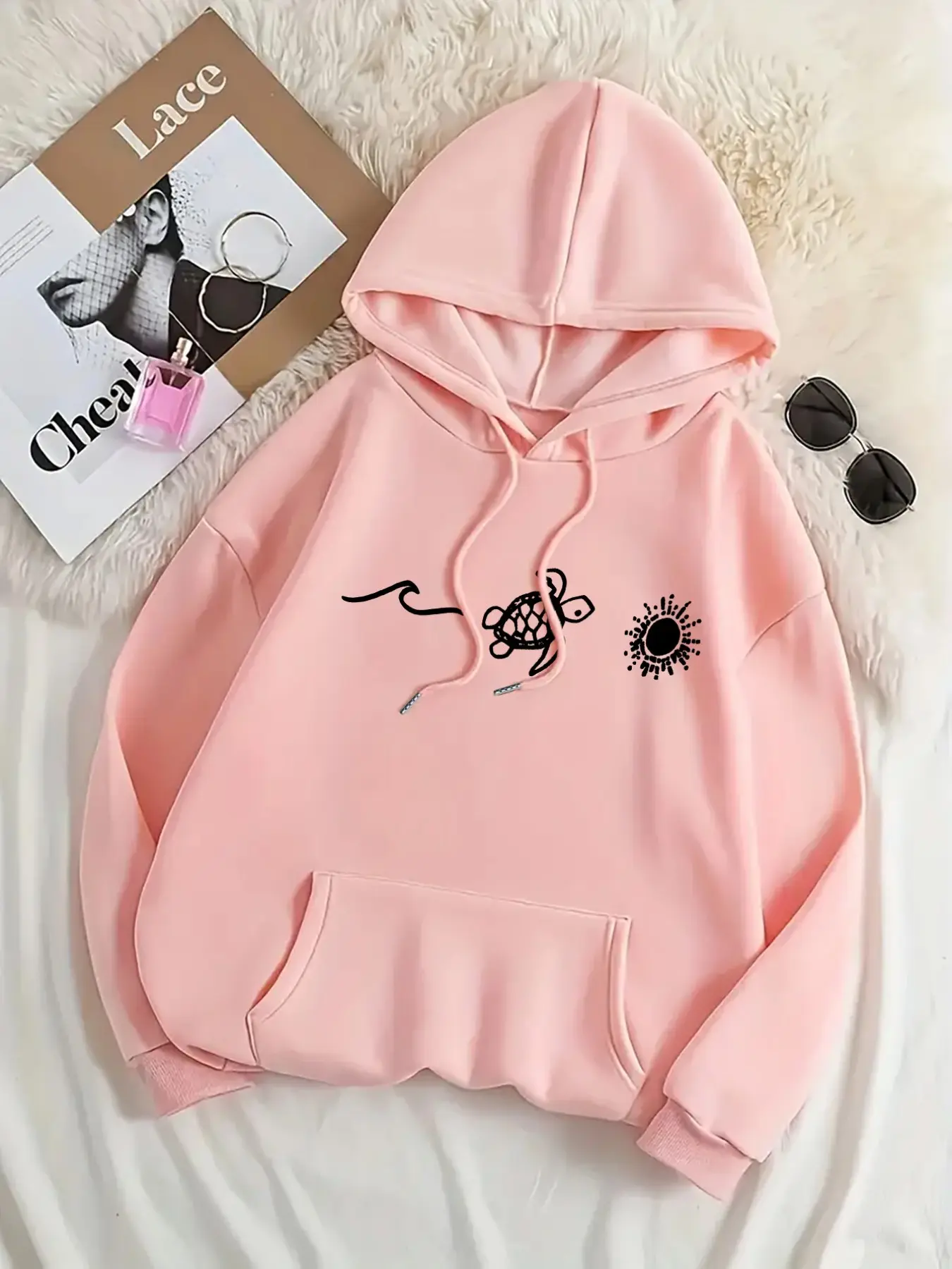 Women's Casual Fashion Hooded Long Sleeve Turtle Pattern Loose Sweatshirt, Geometric Design, Fall & Winter Wear, Comfortable and Stylish