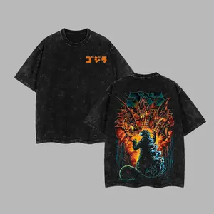 Retro Godzilla Bold Orange Godzilla Kanji Front Chest Print & Fiery Three-Headed Dragon King Ghidorah Battle Scene Back Graphic Dual-Sided Vintage Washed Black T-Shirt, Unisex Oversized Heavyweight Cotton Streetwear Top