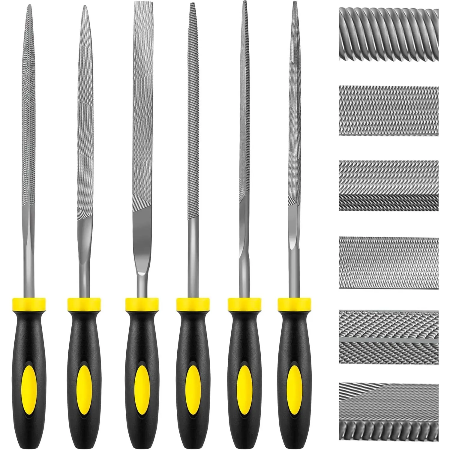 6-Piece Metal Needle File Set - Hardened Alloy Steel Includes Flat, Warding, Square, Triangular, Round, and Half-Round Files
