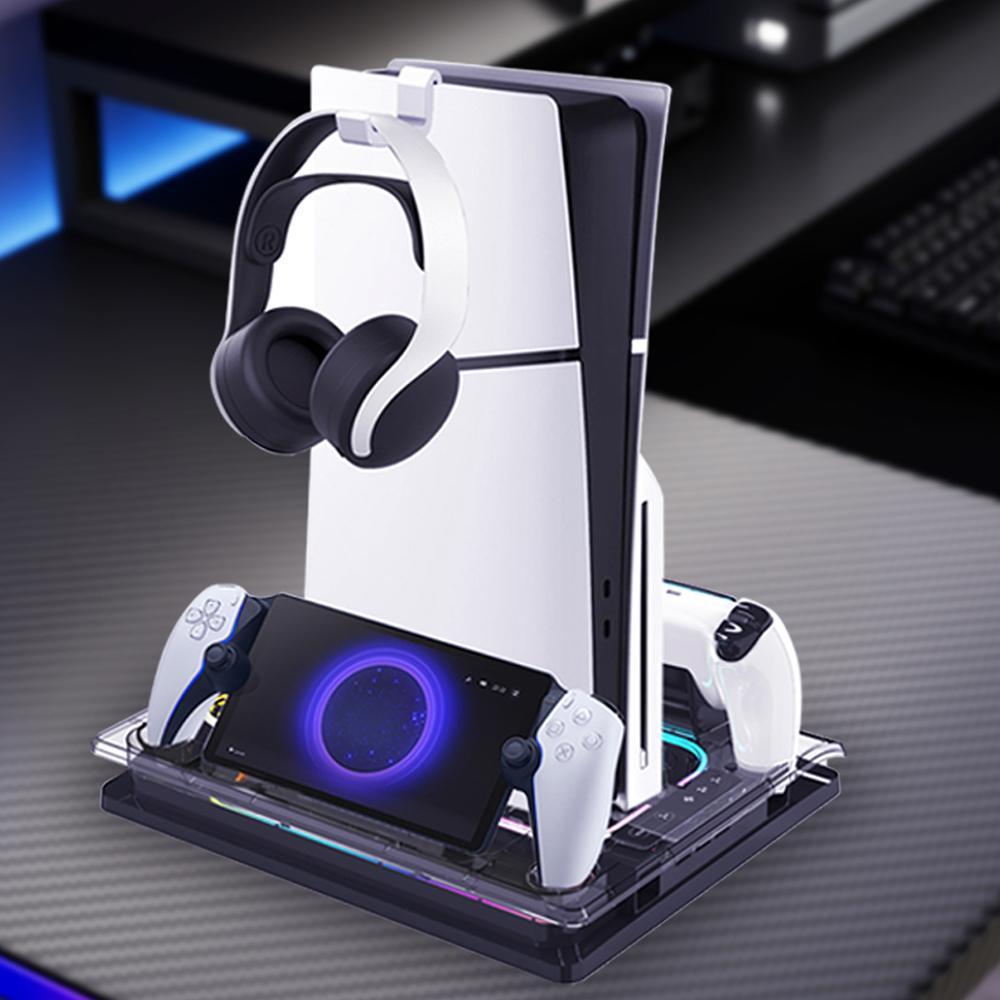 GAMINJA Cooling Station with Controller Charging Station, Multifunctional Cooling Fan Headset Holder, Game Console Accessories for PS5 Digital/Disc