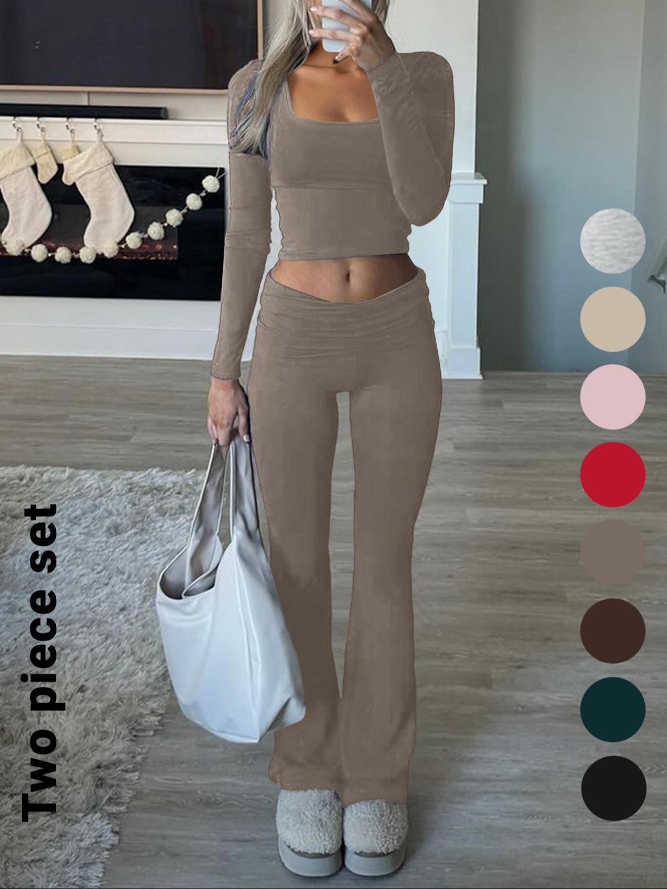 Women's Solid Color Square Neck Crop Tee & Flare Leg Pants Two-Piece Set, Casual Fashion Cozy Two Piece Outfits for Daily Outdoor Wear,Airport Outfit, Cropped Top