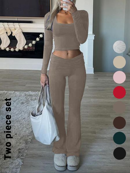 Women's Solid Color Square Neck Crop Tee & Flare Leg Pants Set, Casual Fashion Cozy Two Piece Outfits for Daily Outdoor Wear, Airport Outfit