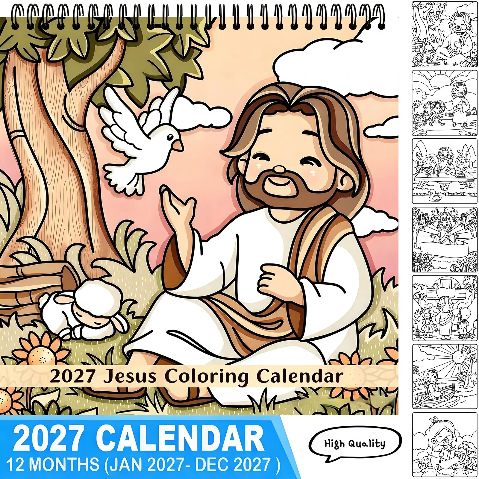 2027 Jesus Coloring Wall Calendar, 12 Months Christian Religious Coloring Calendar, Faith Bible Art Decor Gift for Kids & Believers,Cute Cartoon Bible Scene Line Art Monthly Planner, Inspirational Religious Coloring Gift for Children,A decompression gift