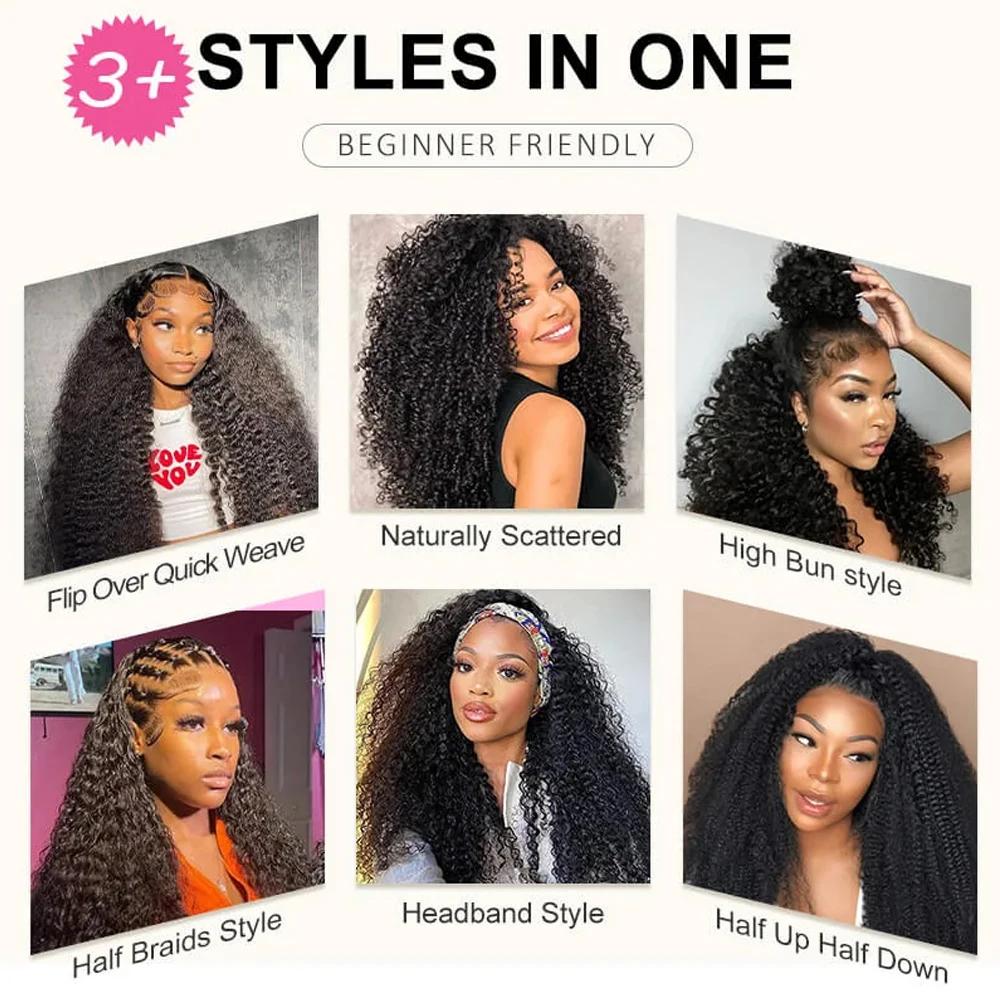 [3 IN 1 Half Wig] Kinky Curly Human Hair Wig Seamless Flip Over Half Wig Deep Wave Invisible Hairline Beginner Friendly Curly Wigs for Women With Drawstring