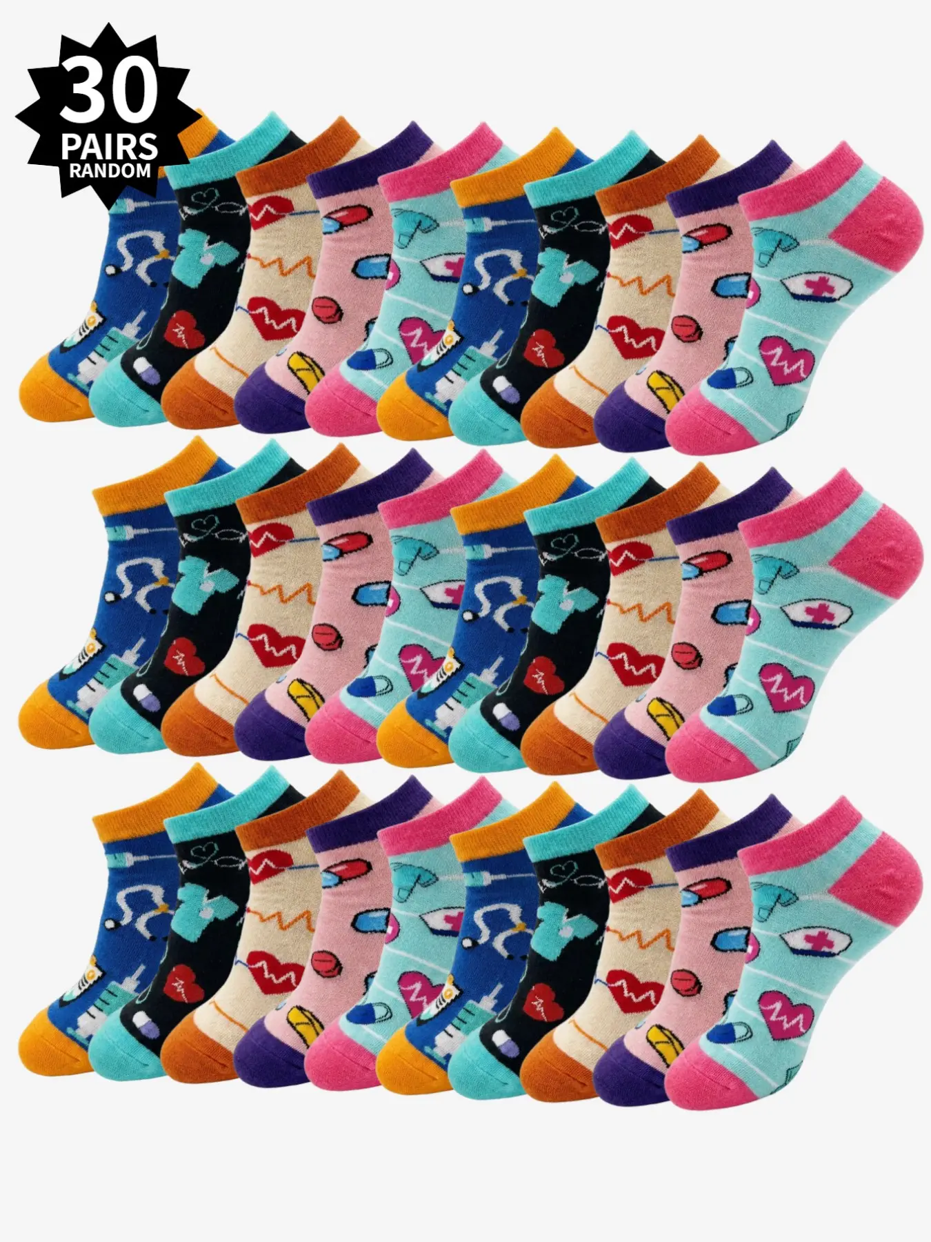 30-Pair Set of Cute Nurse Socks—Fun Medical-Themed Heart Novelty Socks, Ankle Socks, Casual Socks—Gift Socks for Women Working as Nurses or Doctors