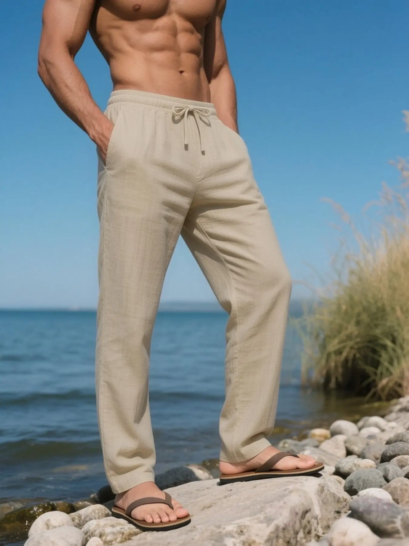 Men's Linen Long Plain Casual Trousers Pants, Breathable Tropical Summer Wear, Perfect for Beach, Travel and Commute, Fashionable Bottoms for Men, Casual Comfy Trousers
