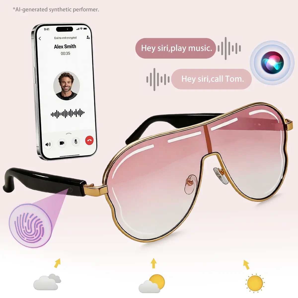 2026 Smart Bluetooth Wearable Tech Glasses,Bluetooth5.4,Wireless Audio Sunglasses Open Ear Headphones with Mic UV Protection for Driving Sports Hands Free Calls Curated,Pink Gifts