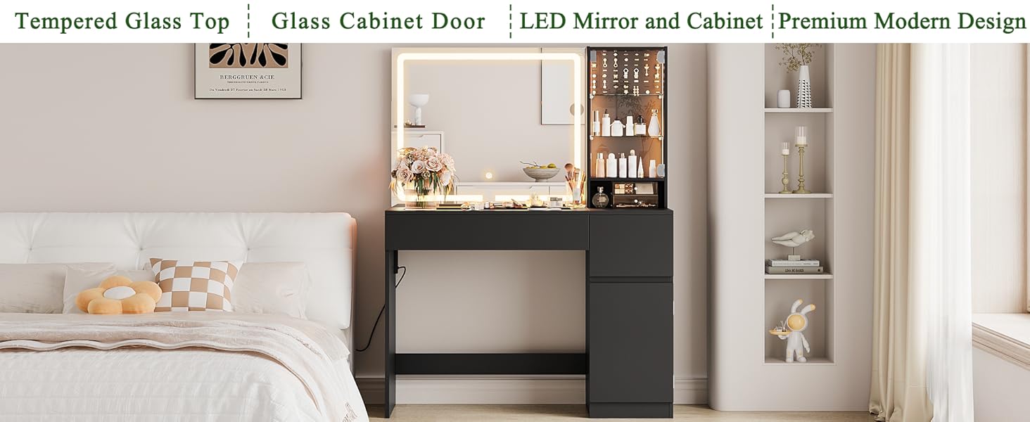 wanan 41" Vanity Desk with Glass Top, Black Vanity with Mirror and Lights, Power Outlet, Jewelry Storage, 3 Adjustable Lighting Modes, Makeup Vanity with 2 Drawers for Bedroom