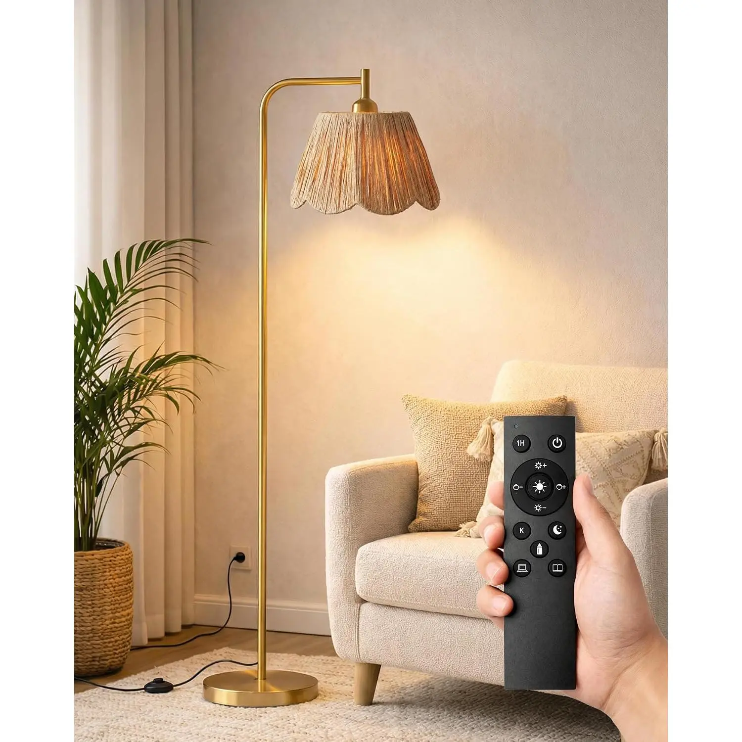 Boho Brushed Gold Floor Lamp with Remote Control, Flower Shade - Pre-Assembled Shade, Stepless Dimm, 3 Color Temperatures, LED Bulb Included, Indoor Use Lights for Bedroom, Ambient Lighting for Living Room