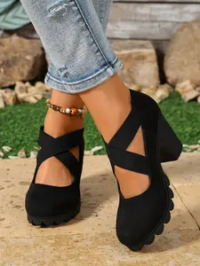 Cross Strap Chunky Heel High Heels Shoes, Breathable Middle-Aged and Elderly Mother Shoes, Casual Fabric Upper, Rubber Sole, All Seasons
