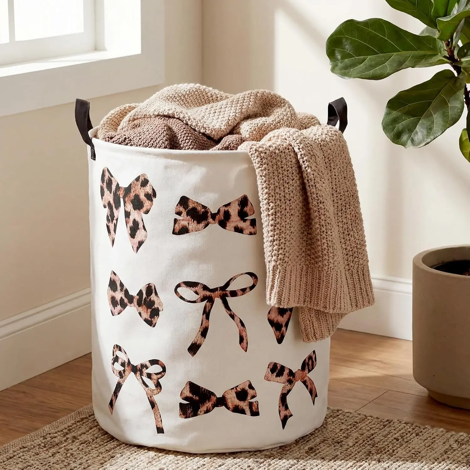 Coquette Laundry Basket 13.8 x 17.7 Inches Leopard Print Laundry Basket Cheetah Bow Nursery Hamper Cheetah Print Decor Oxford Cloth Collapsible Storage for Bedroom Bathroom Dorm Office Decor