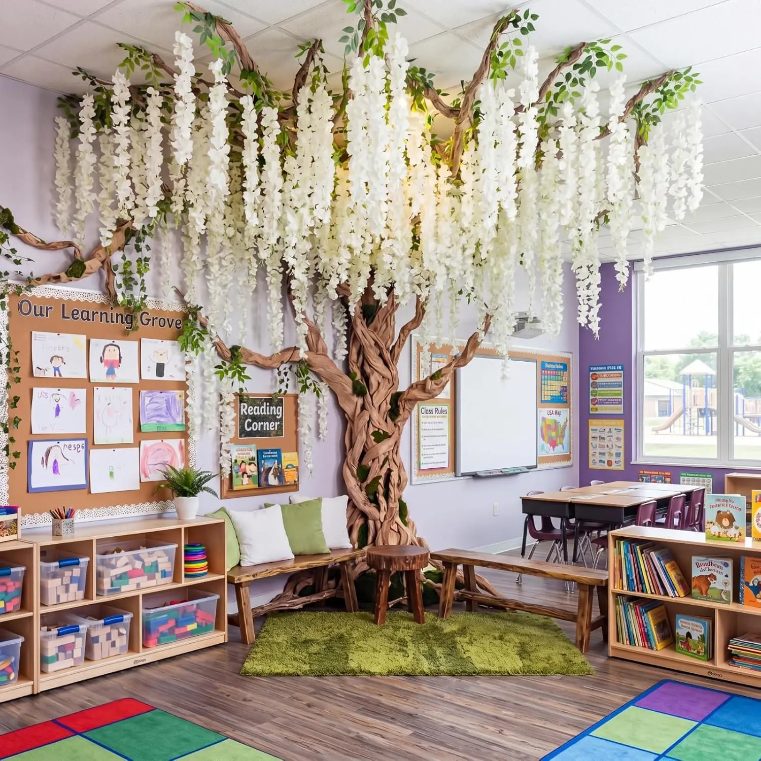 3D Wisteria Tree Classroom Tree Wall Decor for Room Ceiling Artificial Wisteria Hanging Garland Vine Cardboard Paper for Fairy Forest Back to School Bulletin Board Decoration DIY(White)