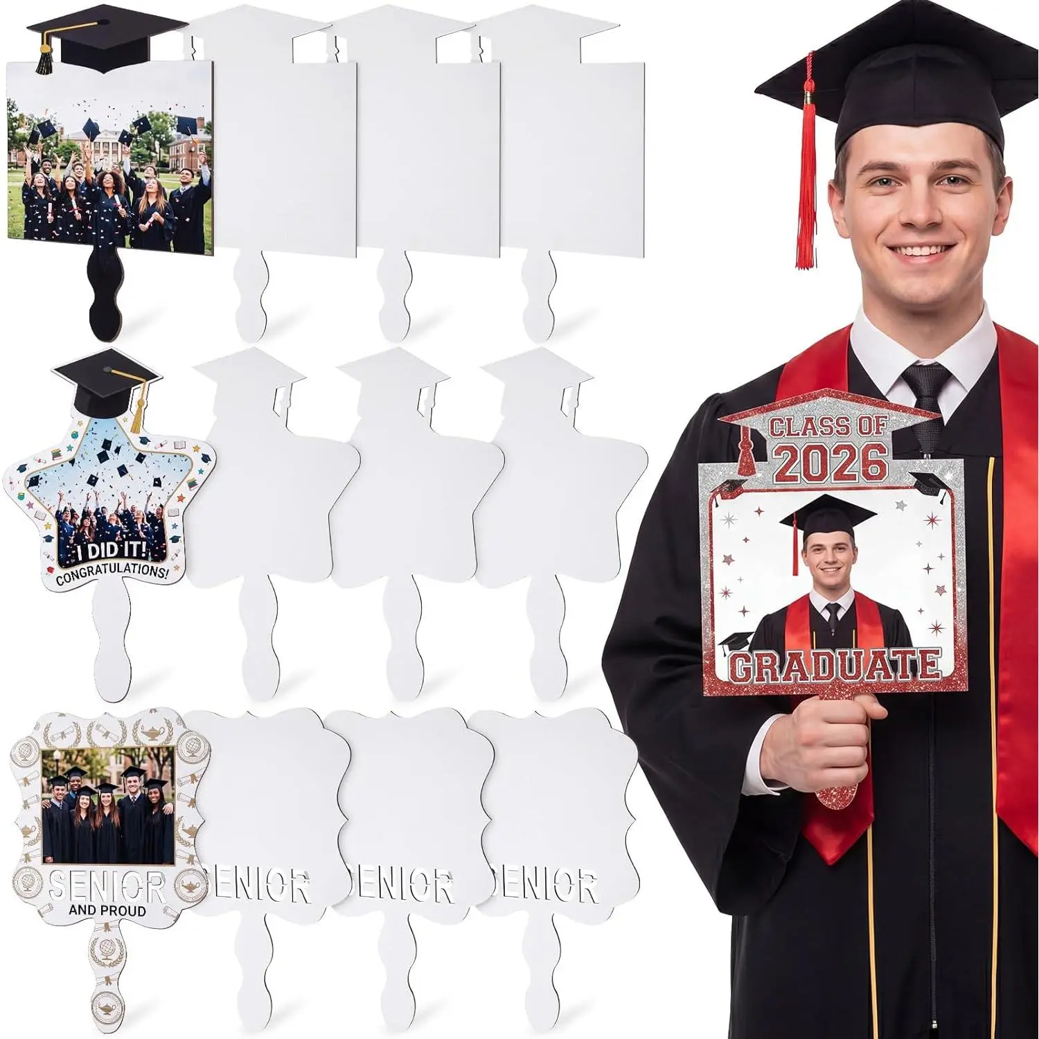 12 count Custom Graduation Sublimation Blank Fans with Handle, Class of 2026 Personalized Hand Fans for 4 x 6 Inch Pictures, Graduation Photo Props, DIY Senior Grad Party Decoration
