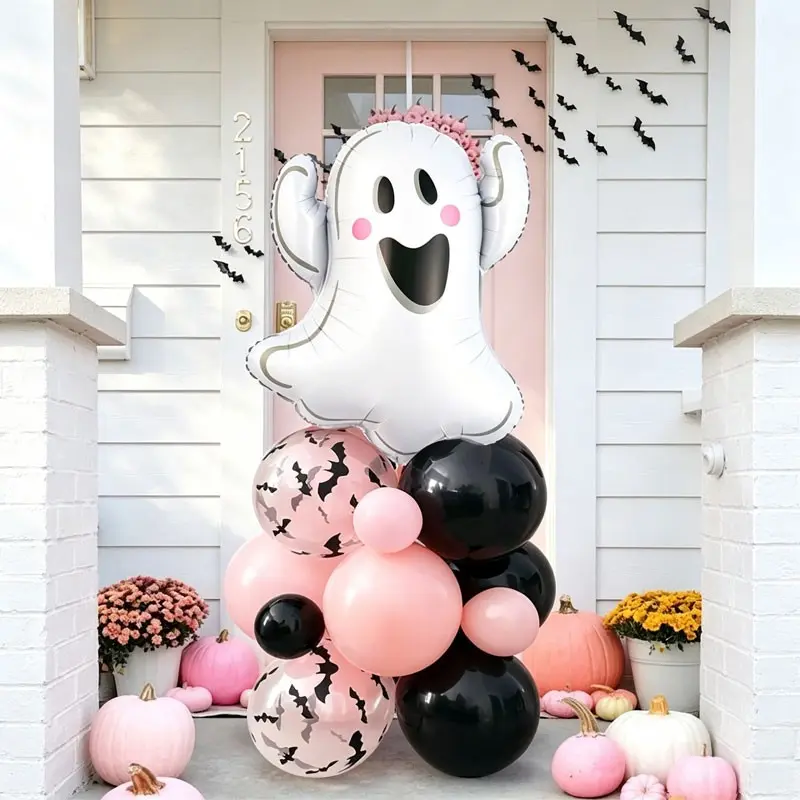 29-Piece Halloween Ghost Balloon Column Set, Includes Ghost Foil, Transparent Bat Balloons, Latex Balloons, Perfect for Halloween Trick-or-Treat Activity，Pink-Themed Halloween Party，Courtyard/Porch Welcome Setup，Horror Ghost Theme